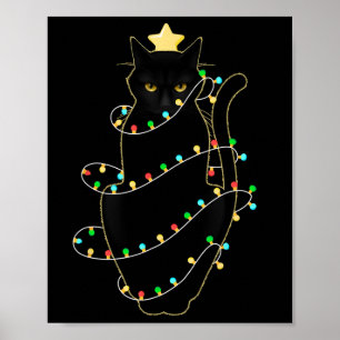 Santa Black Cat Tangled Up In Christmas Tree Light Poster