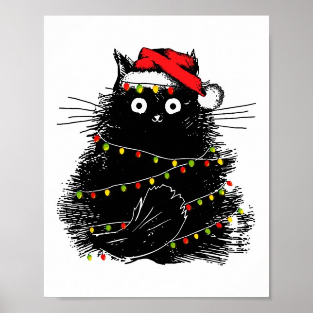 santa black cat tangled up in christmas tree light poster (Front)