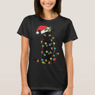 Santa Black Cat Tangled Up In Christmas Tree Light T-Shirt