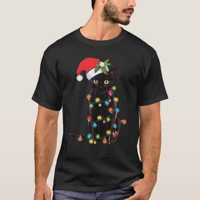 Santa Black Cat Tangled Up In Christmas Tree Light T-Shirt (Front)