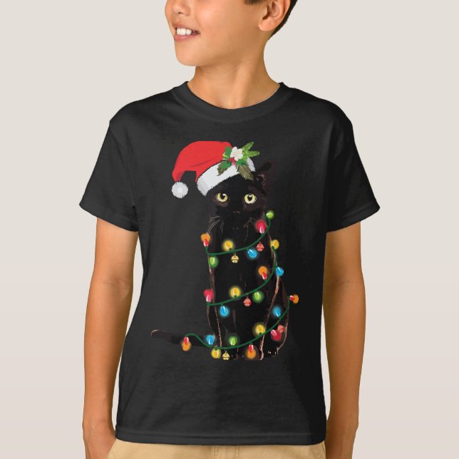 Santa Black Cat Tangled Up In Christmas Tree Light T-Shirt (Front)