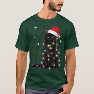 Santa Black Cat Tangled Up In Christmas Tree Light T-Shirt