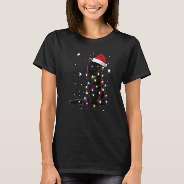 Santa Black Cat Tangled Up In Christmas Tree Light T-Shirt (Front)