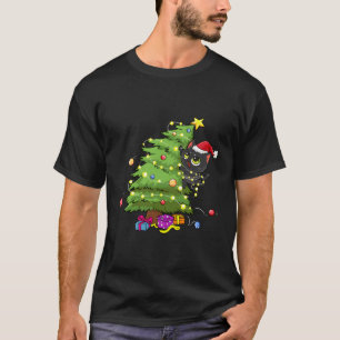 Santa Black Cat Tangled Up In Tree Lights T-Shirt