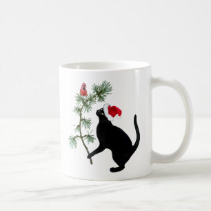 Santa Black Cat with Red Bird Mug