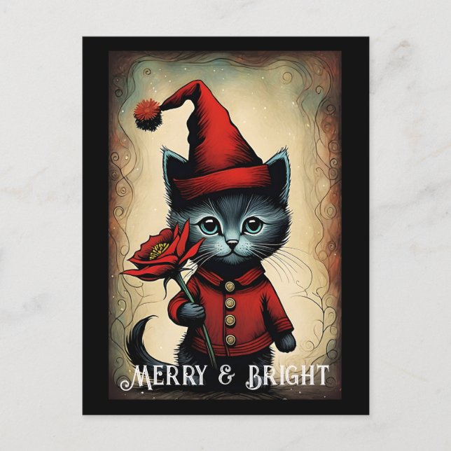 Santa Black Cute Kitty Flower Christmas  Postcard (Front)