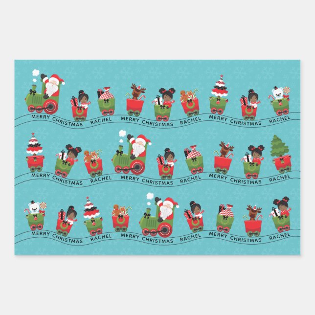 Santa & Black Girl on Train Wrapping Paper Sheet (Front)