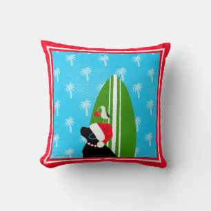 Santa Black Lab Surfboard Dog Seagull Christmas Throw Pillow