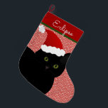 Santa Black Short Hair Cat Green Eyes Personalized Large Christmas Stocking<br><div class="desc">Create a personalized stocking for your fur baby. This design consists of a short hair black cat with green eyes wearing a Santa hat in Christmas colours. Customize the background or text to suit your needs.  Original design by Night Owl's Menagerie,  2017.</div>