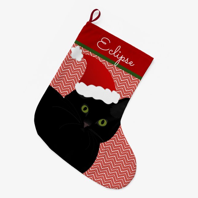 Santa Black Short Hair Cat Green Eyes Personalized Large Christmas Stocking (Front (Hanging))