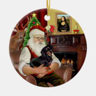 Santa-Black-Tan Dachshund (smooth) Ceramic Ornament