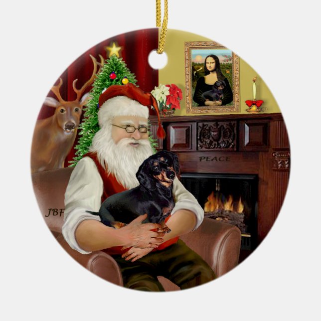 Santa-Black-Tan Dachshund (smooth) Ceramic Ornament (Front)