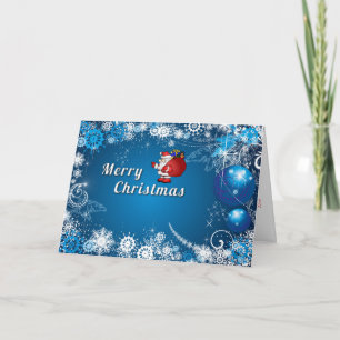 Santa Blue Glitter Balls Merry Christmas Holiday Card