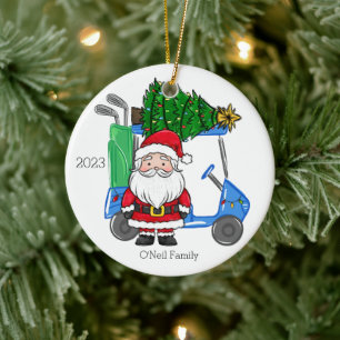 Santa Blue Golf Cart Christmas Tree Custom Ceramic Ornament