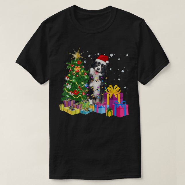Santa Border Collie Dog Christmas Tree Light Funny T-Shirt (Design Front)