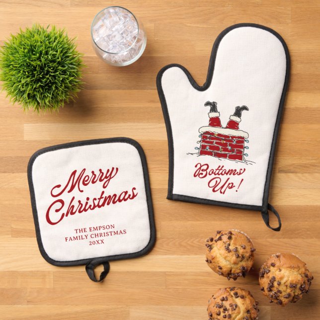 Santa Bottoms Up Funny Christmas Cooking Gift Oven Mitt & Pot Holder Set (Top Down)