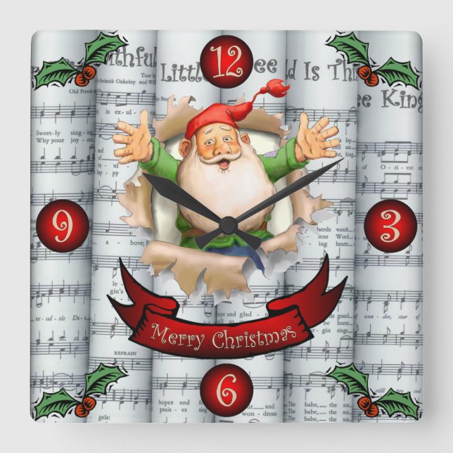 Santa Breakthrough ~Rolled Christmas Sheet Music ~ Square Wall Clock (Front)