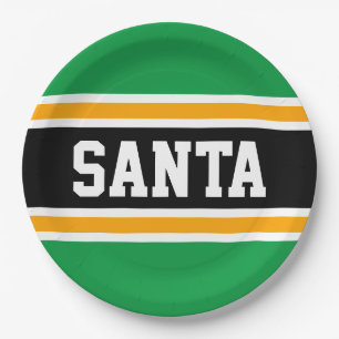 SANTA Bright Green Black Yellow Festive Stripes Paper Plate