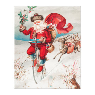 Santa bringing gifts on a bicycle in the snow canvas print