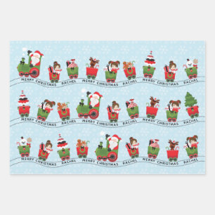 Santa & Brunette Girl on Train Wrapping Paper Sheet
