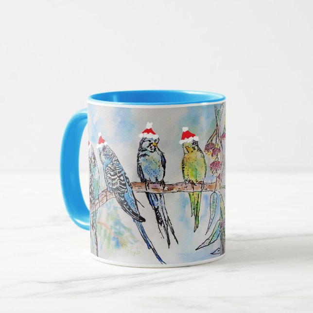 Santa Budgie Christmas Mug Blue (Front Left)