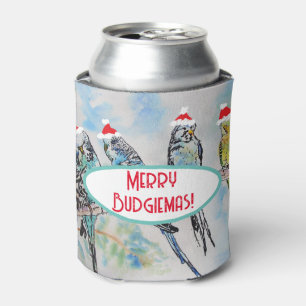 Santa Budgie Christmas Watercolor Painting Bird Can Cooler