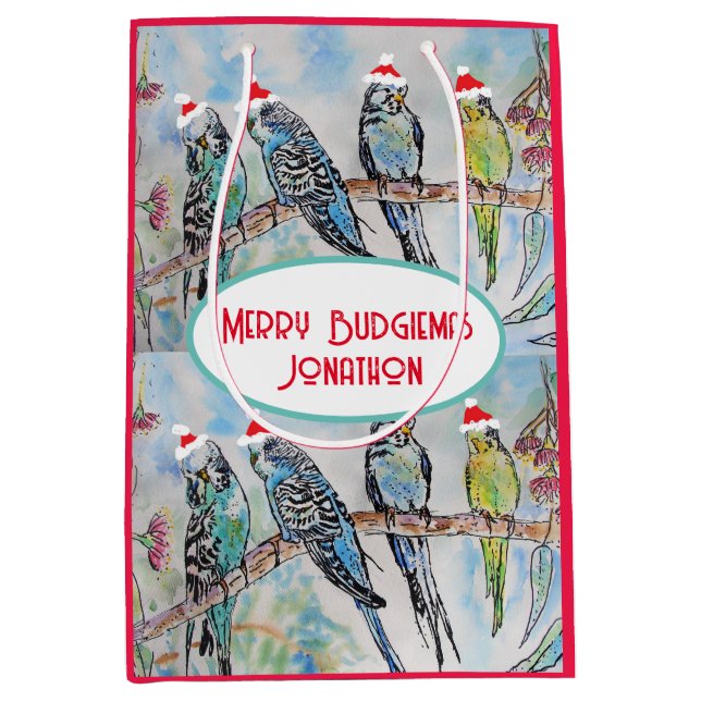 Santa Budgie Christmas Watercolor Painting Bird Medium Gift Bag (Front)