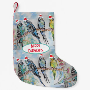 Santa Budgie Christmas Watercolor Painting Bird Small Christmas Stocking