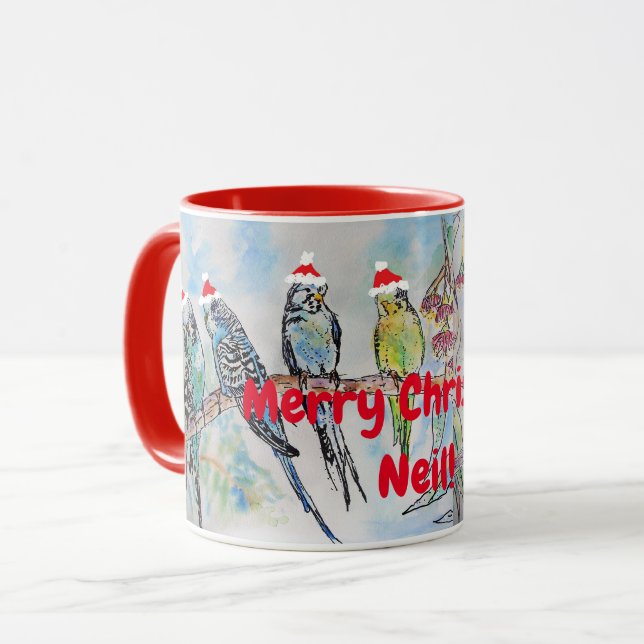 Santa Budgie Merry Christmas Name Mug Red (Front Left)