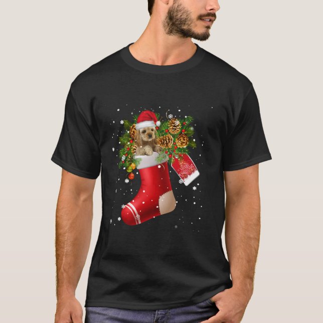 Santa Buff Cocker Spaniel In Christmas Sock Pajama T-Shirt (Front)