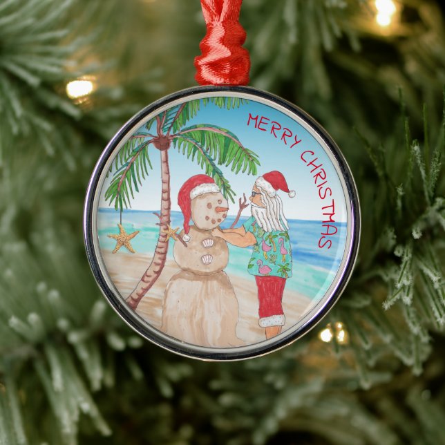 Santa building Sandy Snowman Snowbird Christmas Metal Ornament (Tree)