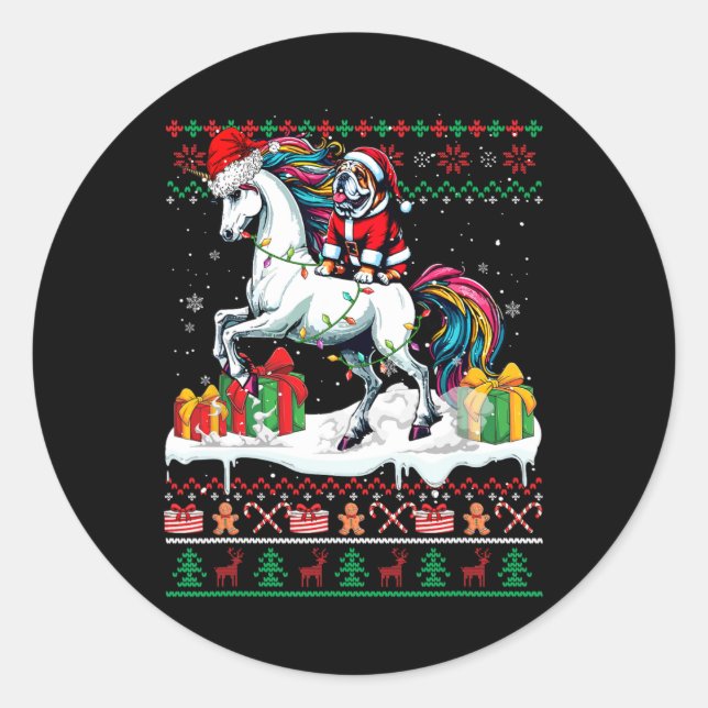 Santa Bulldog Riding Unicorn Christmas Sweater Lov Classic Round Sticker (Front)