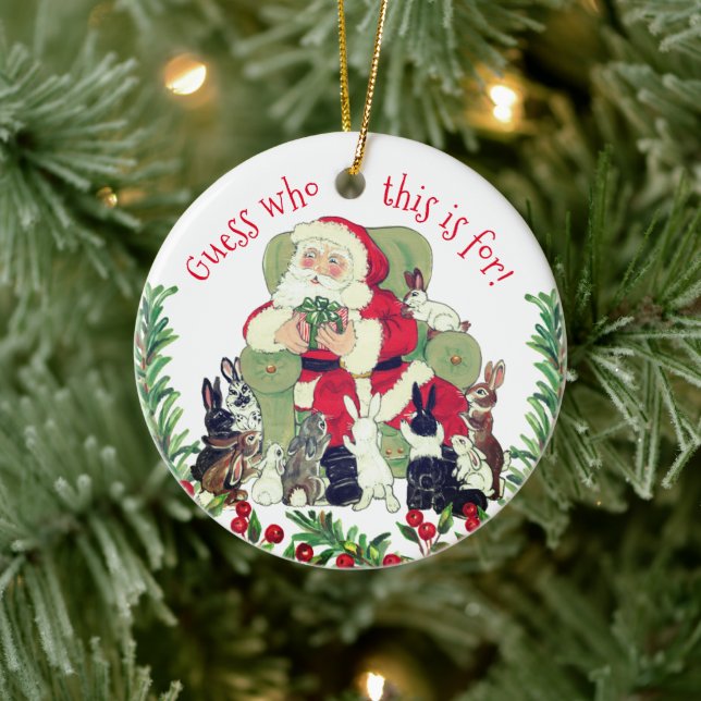 Santa & Bunny Rabbits Custom Christmas Gift Cute Ceramic Ornament (Tree)