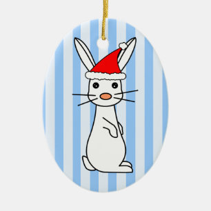 Santa Bunny - White with Blue Stripes Ceramic Ornament