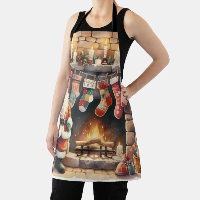 Santa by Fireplace Christmas Stockings Apron (Insitu)