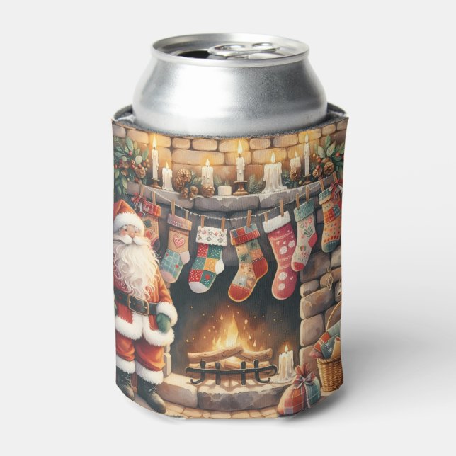 Santa by Fireplace Christmas Stockings Can Cooler (Can Front)