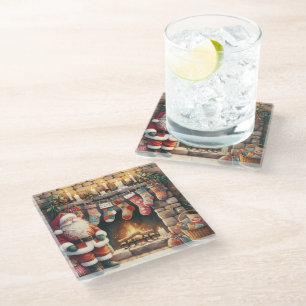 Santa by Fireplace Christmas Stockings Glass Coaster