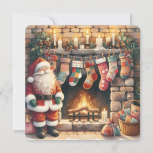 Santa by Fireplace Christmas Stockings Holiday Card