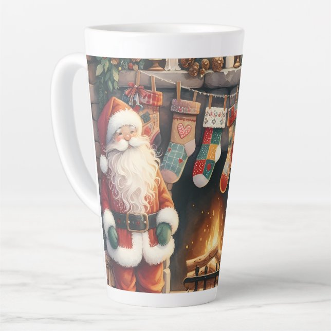 Santa by Fireplace Christmas Stockings Latte Mug (Left Angle)