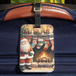 Santa by Fireplace Christmas Stockings Luggage Tag