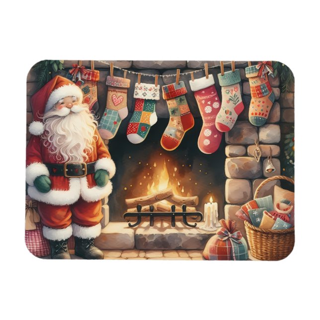 Santa by Fireplace Christmas Stockings Magnet (Horizontal)