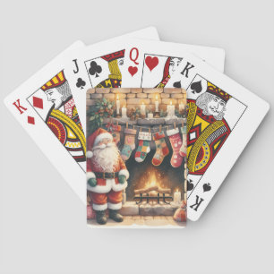 Santa by Fireplace Christmas Stockings Playing Cards