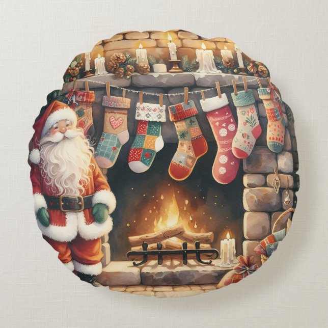 Santa by Fireplace Christmas Stockings Round Pillow (Front)