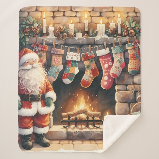 Santa by Fireplace Christmas Stockings Sherpa Blanket (Front)