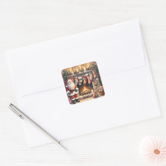 Santa by Fireplace Christmas Stockings Square Sticker (Envelope)