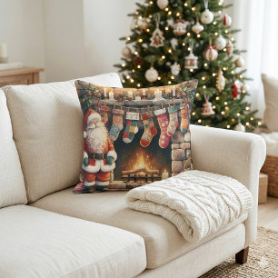 Santa by Fireplace Christmas Stockings Throw Pillow