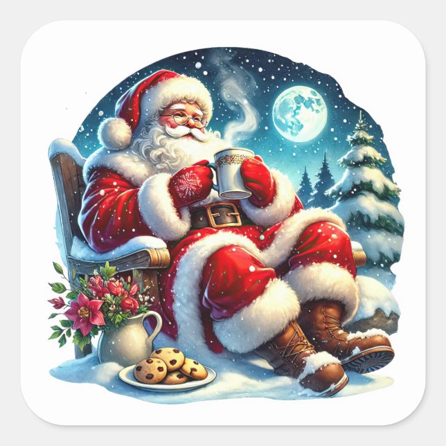 Santa by the Cozy Fireplace Square Sticker (Front)