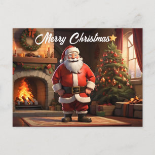 Santa by try in front of fire postcard