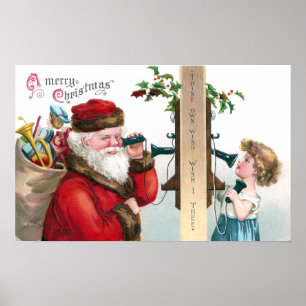 Santa Calling From Antique Telephone Poster