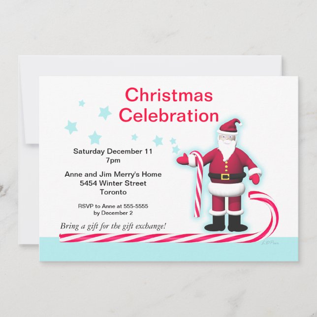 Santa, Candy Cane and Stars Christmas Party Invitation (Front)